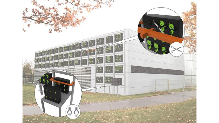 Das modulare Konzept der automatisierten Fassadenbegrünung, bestehend aus Modulen und Pflanzen-Submodulen, ermöglicht es dem Green Wall Robot, sämtliche Arbeiten zu übernehmen, beispielsweise Pick- & Place-Aufgaben oder den gezielten Pflanzenschnitt. Grafik: Fraunhofer IPA.