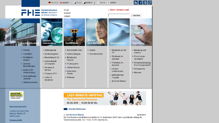 Website der Fachhochschule Erfurt. Screenshot: GABOT.